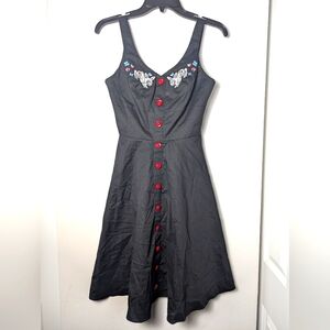 Hell Bunny Dress Embroidered Black Red Button Sleeveless Sz Xs Retro Pinup